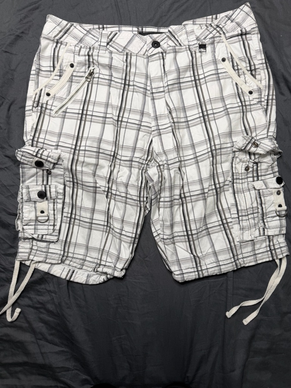 White Plaid Cargo Shorts with Multi-Pocket Utility Design